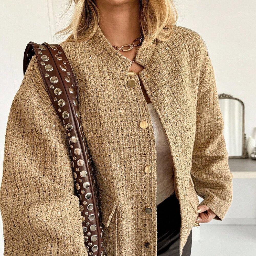 Khaki Preppy Women's Gold Sequin Tweed Jacket - Picture 8 of 9